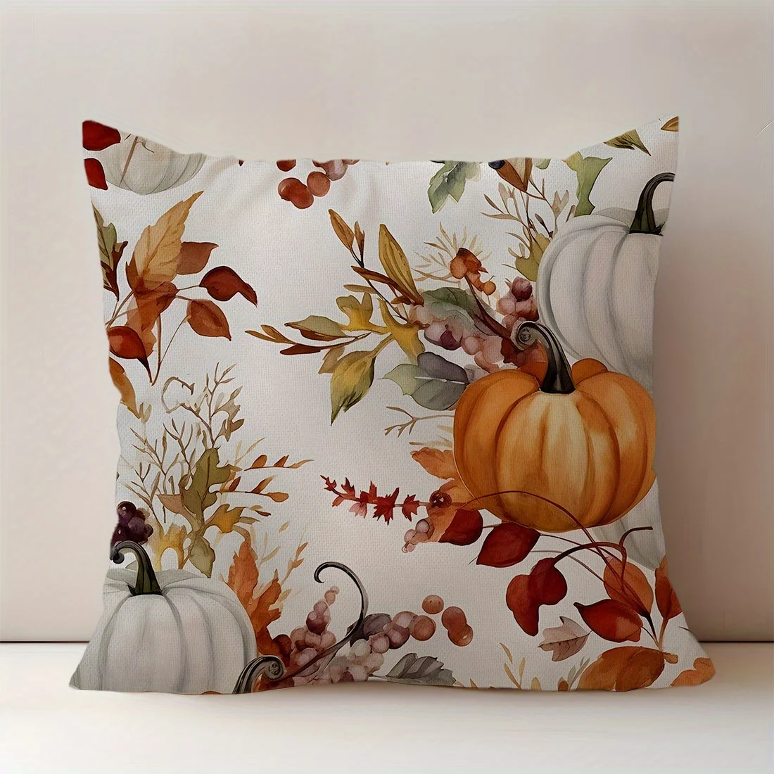 

1 Autumn Harvest Watercolor Pumpkin, Leaves and Berries Single Print Linen Blend Pillow Cover for Living Room Sofa