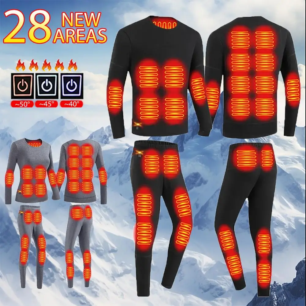 28 Areas Heated Underwear Winter Thermal Underwear Women Men Heating Jacket USB Electric Heated Outdoor Sport Equipment