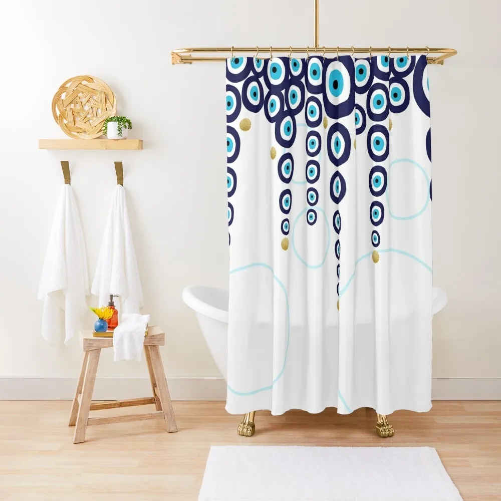 

Evil Eye Hanging Beads in Blue and Gold Shower Curtain For Bathroom Shower Modern Bathroom Accessories Set For Bathroom Curtain