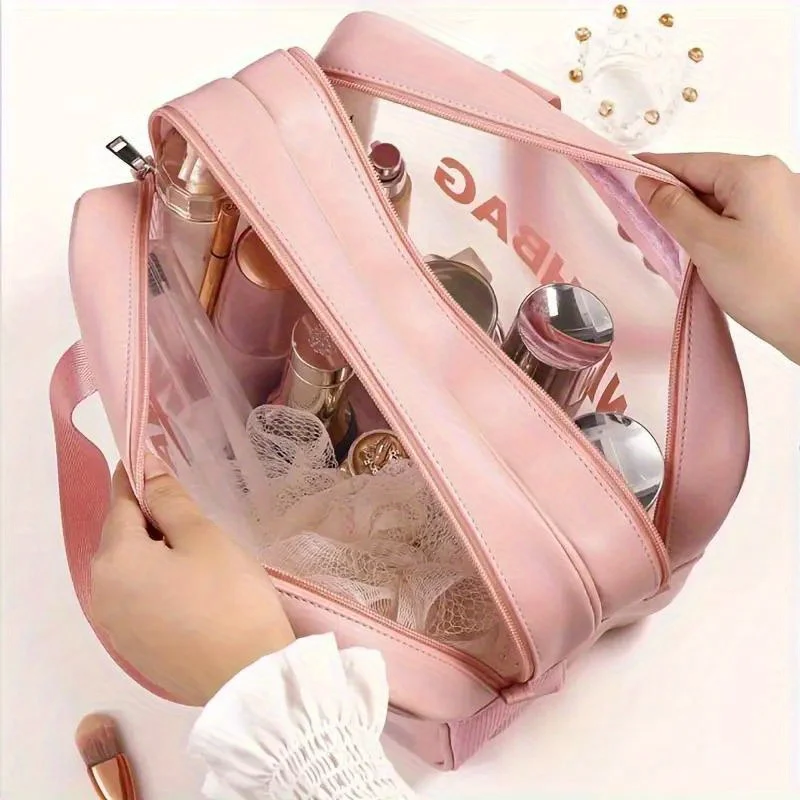 Dry-Wet Separation Double Transparent PU Makeup Bag Portable Washing Bag Cosmetic Storage Bag Travel Fitness Swimming Essentials