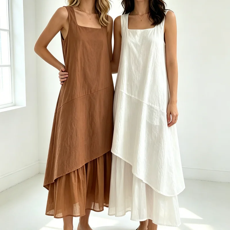 Karofi Casual Irregular Layered Midi Dress Women Sleeveless Square Neck Loose Flowy Long Dress Summer Holiday Linen Sundress