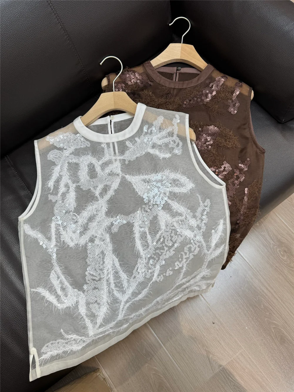 Summer Women's Sleeveless Vest Exquisite Sequins Embroidery Silk Pullover Top