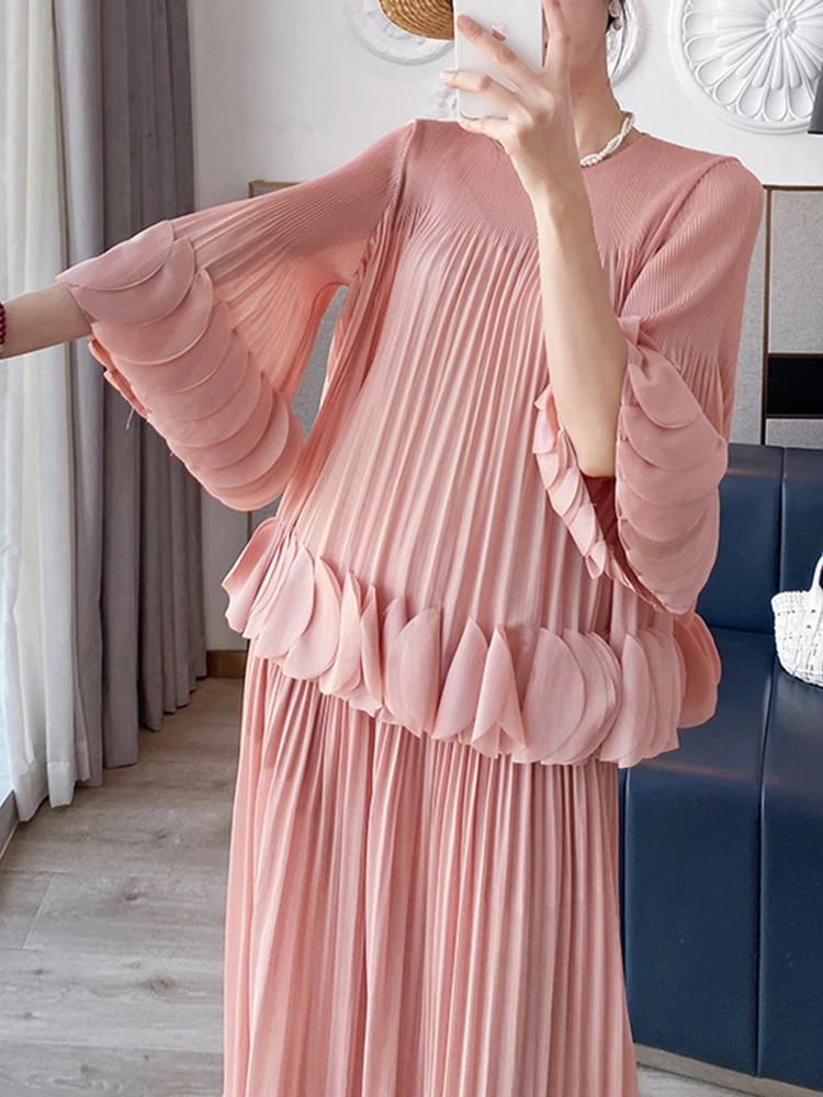 GVUW Pleated Two Piece Sets Women Fashion Round Collar Flare Sleeve Top + A Line Skirt Loose Solid Color New 2024 17G5644