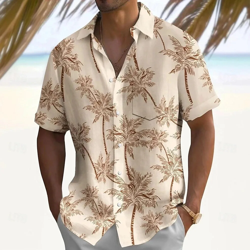 Camicia hawaiana da uomo con stampa di palme Camicie casual estive a maniche corte con risvolto Abbigliamento oversize da viaggio all'aperto maschile