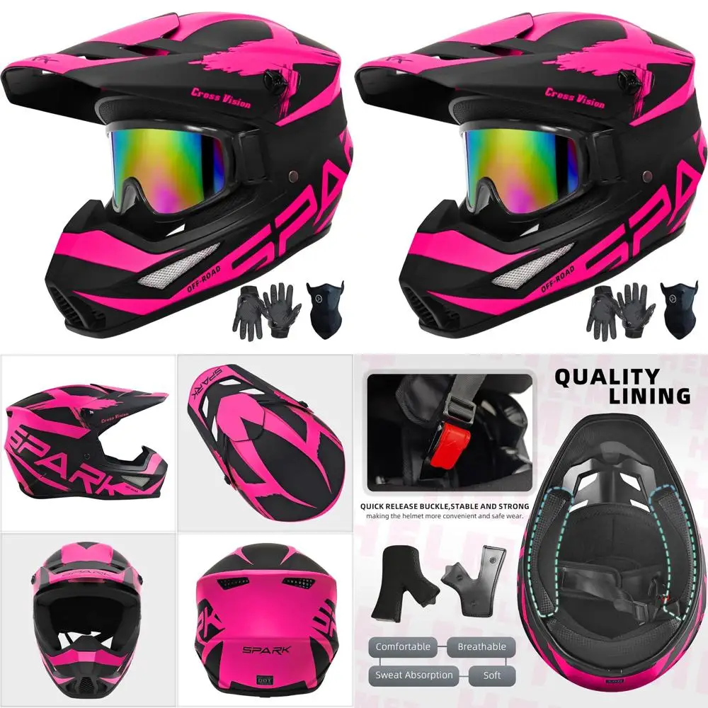 

Youth & Adult Motocross Helmet Set with Gloves, Goggles, and Mask - DOT Certified, Pink, Small