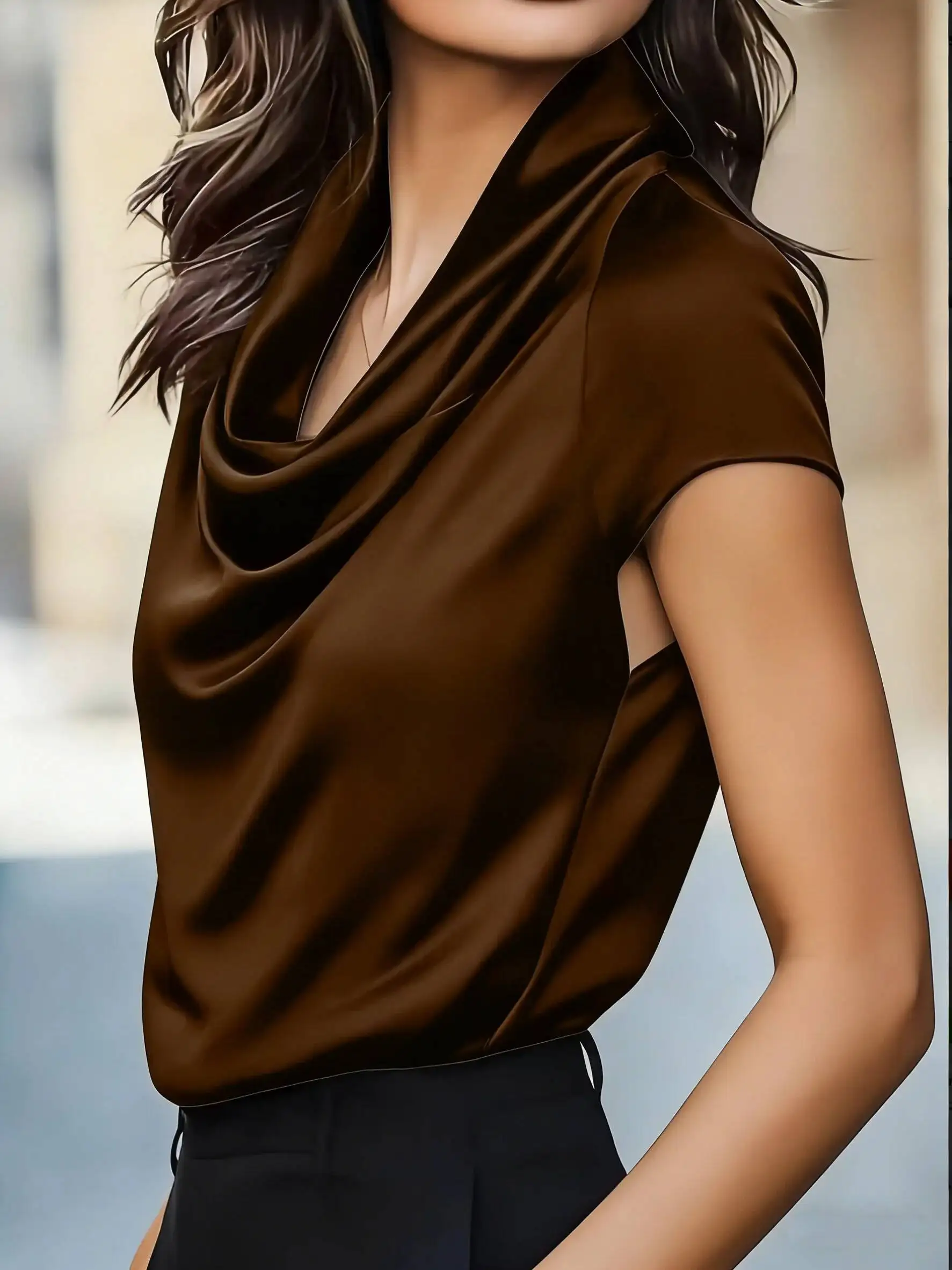 Elegant Satin Cowl Neck Short Sleeve Blouse Women - Smooth Silk-Like Fabric Perfect For Office And Evening Wear