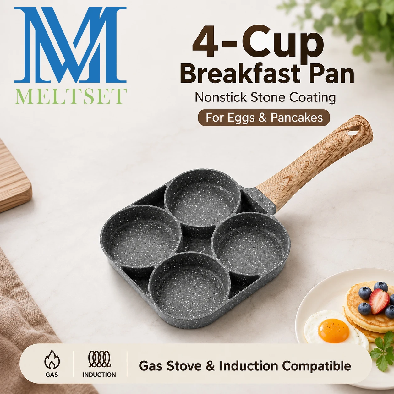 Meltset M 4-Hole Nonstick Egg Frying Pan Maifan Stone Coating Breakfast Pan Mini Pancake Pan 17.5x17.5cm Gas Electric Stove