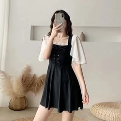 One-piece Swimsuit Female Conservative Fairy Covering Belly Skinny Student Skirt Spa Vacation Small Chest Solid Lace