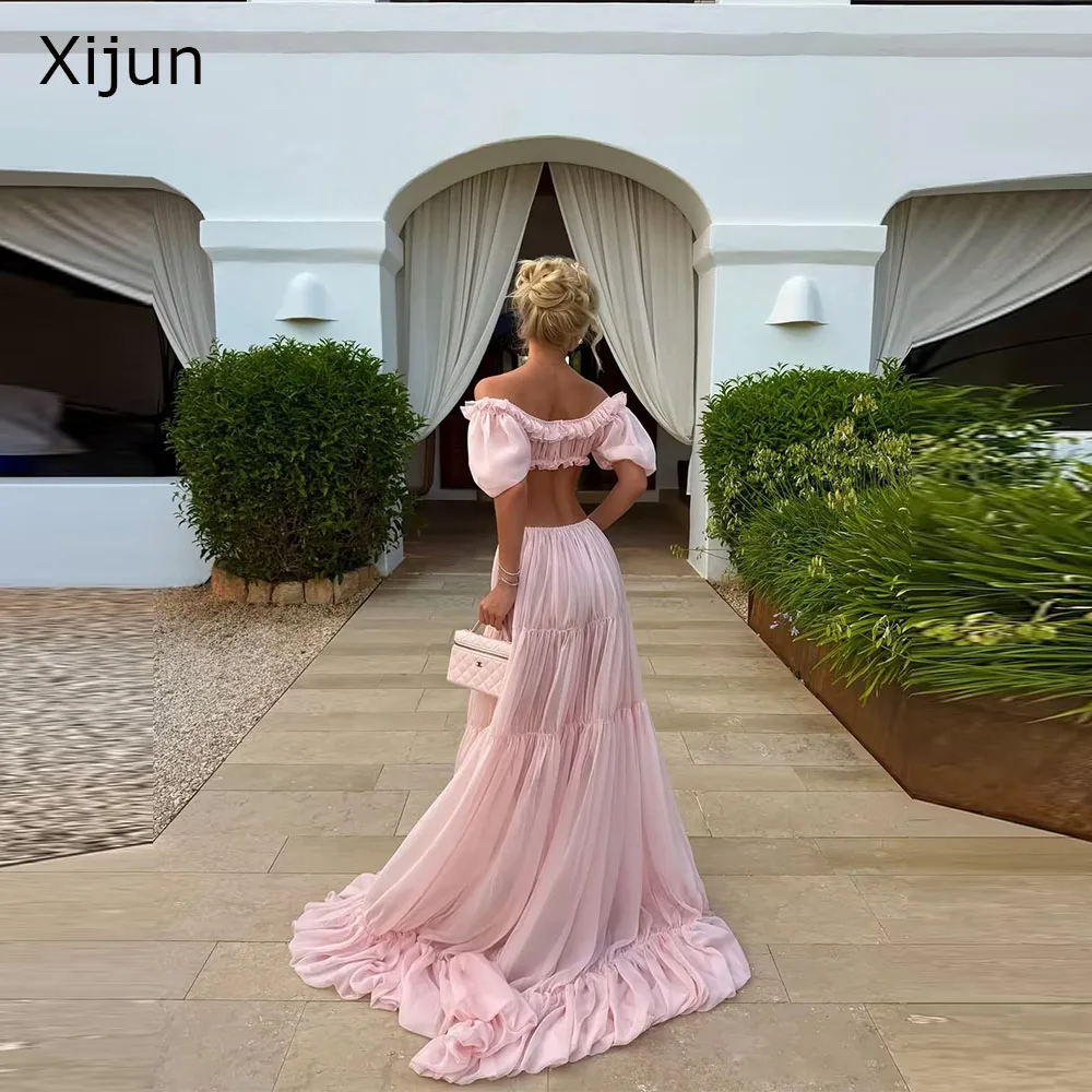 Xijun Elegant Pink Chiffon Evening Dresses Off The Shoulder Two-Pieces Long Prom Dresses A-Line Pleated Prom Gowns Customized