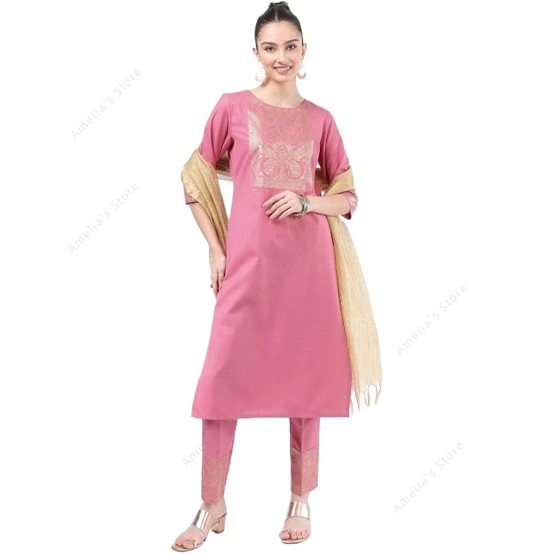 

Indian/Pakistani Women's Pink Kurta 3-Piece Set Ethnic Outfit Salwar Kameez Suit Cotton Blend Tunic Pants with Dupatta