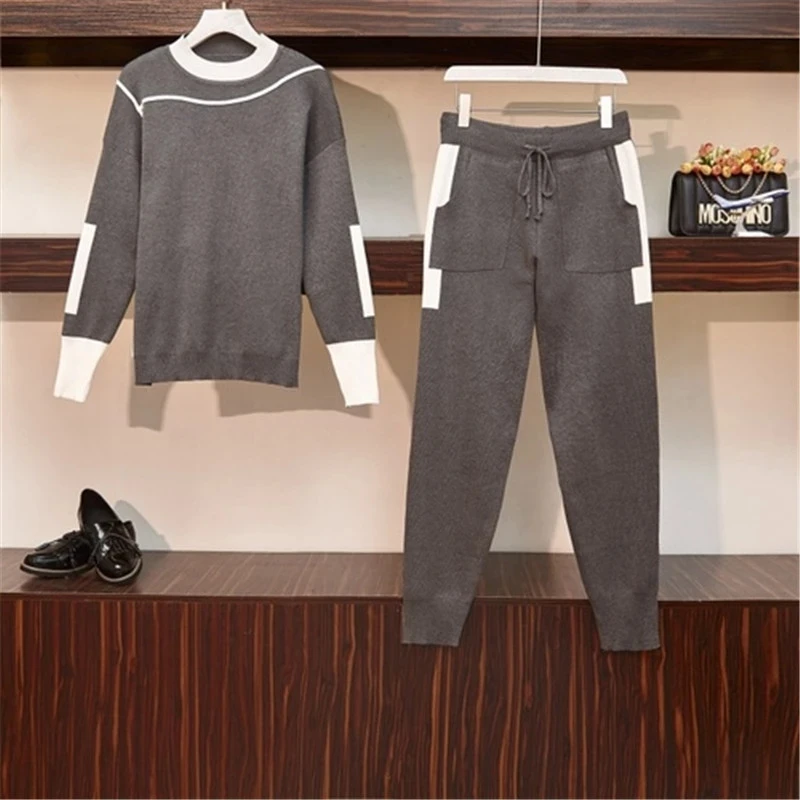 L-4XL Autumn Winter Women Knitted Tracksuit 2-piece Suite Long Sleeve Sweater Pullover Set Elastic Waist Knit Long Trousers Suit