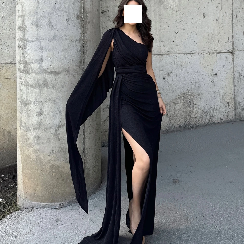 

Black One Shoulder Floor Length Straight Jersey Long Sleeves Classic Celebrity Dress Classic Women Bespoke Occasion Gowns Modern