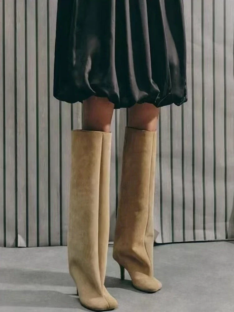 Botas de caballero por encima de la rodilla para Mujer, pantalón Vintage esmerilado, tacones hasta el muslo, Botas occidentales de talla grande para Mujer