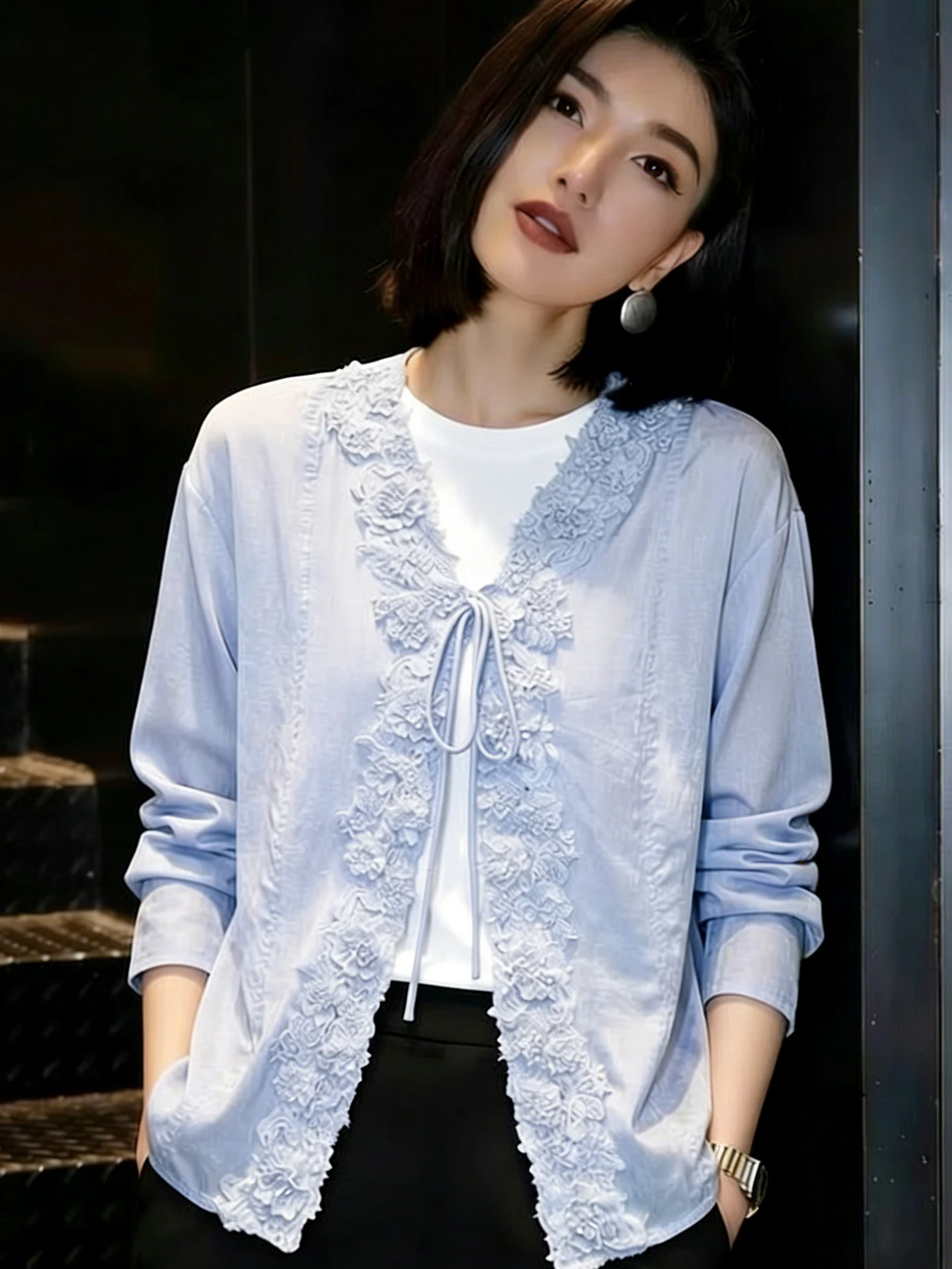 

Elegant Long Sleeve V-Neck Lace Trim Shirt Women's Fashionable Spring Top Versatile French Style Loose Fit Shirt by HuaKaqi