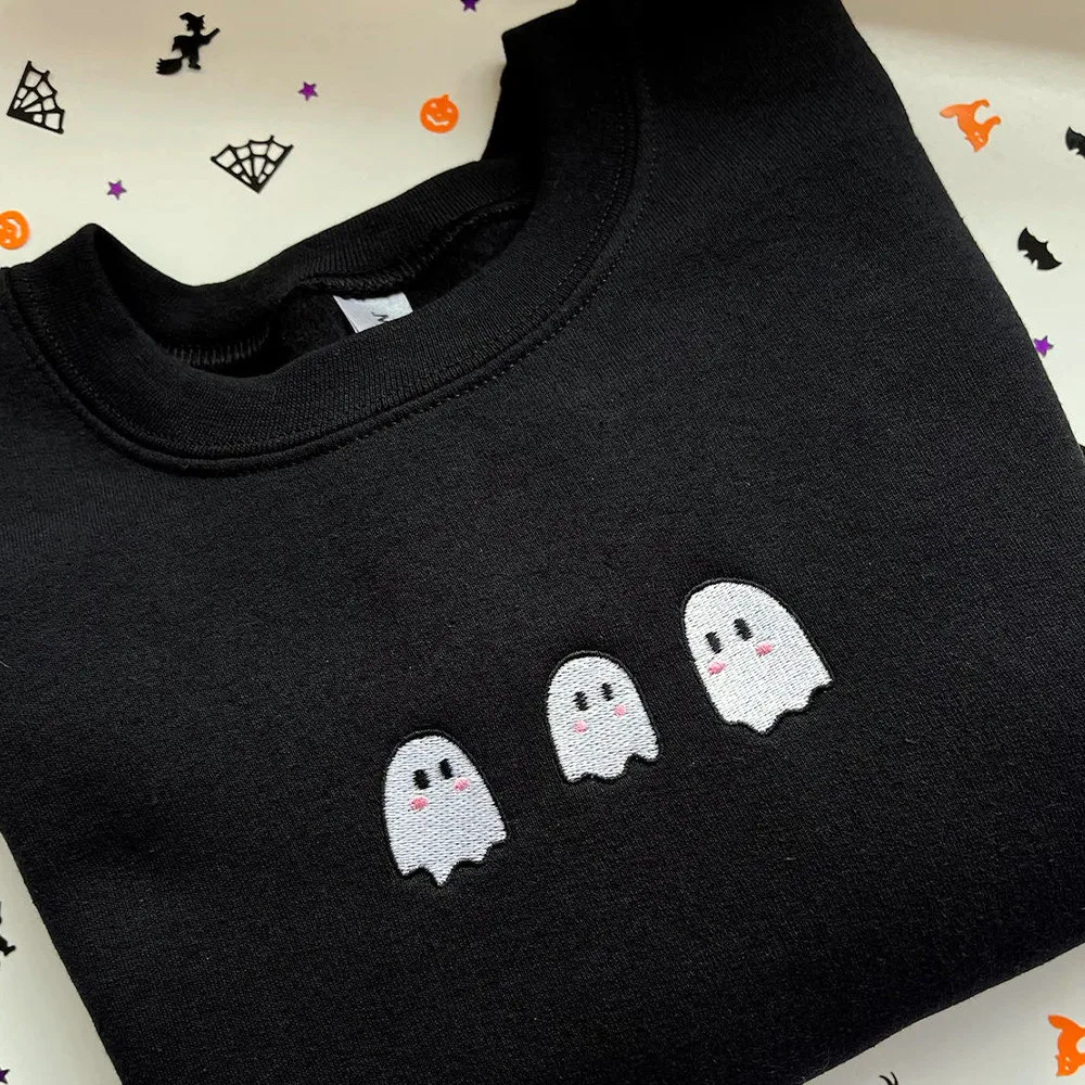 

Милые призраки с вышивкой, милые осенние толстовки унисекс с круглым вырезом, свободный толстый теплый пуловер, модный джемпер с длинными рукавами для Хэллоуина