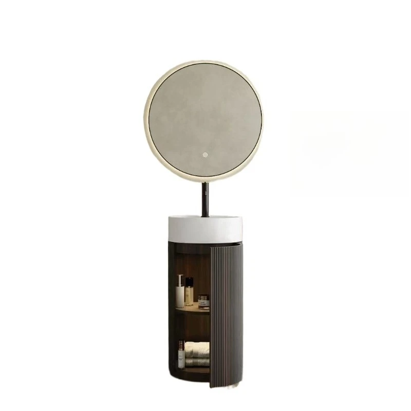 Modern round floor-to-ceiling bathroom cabinet set with ceramic basin Light Emitting Diode mirror Plywood vanity