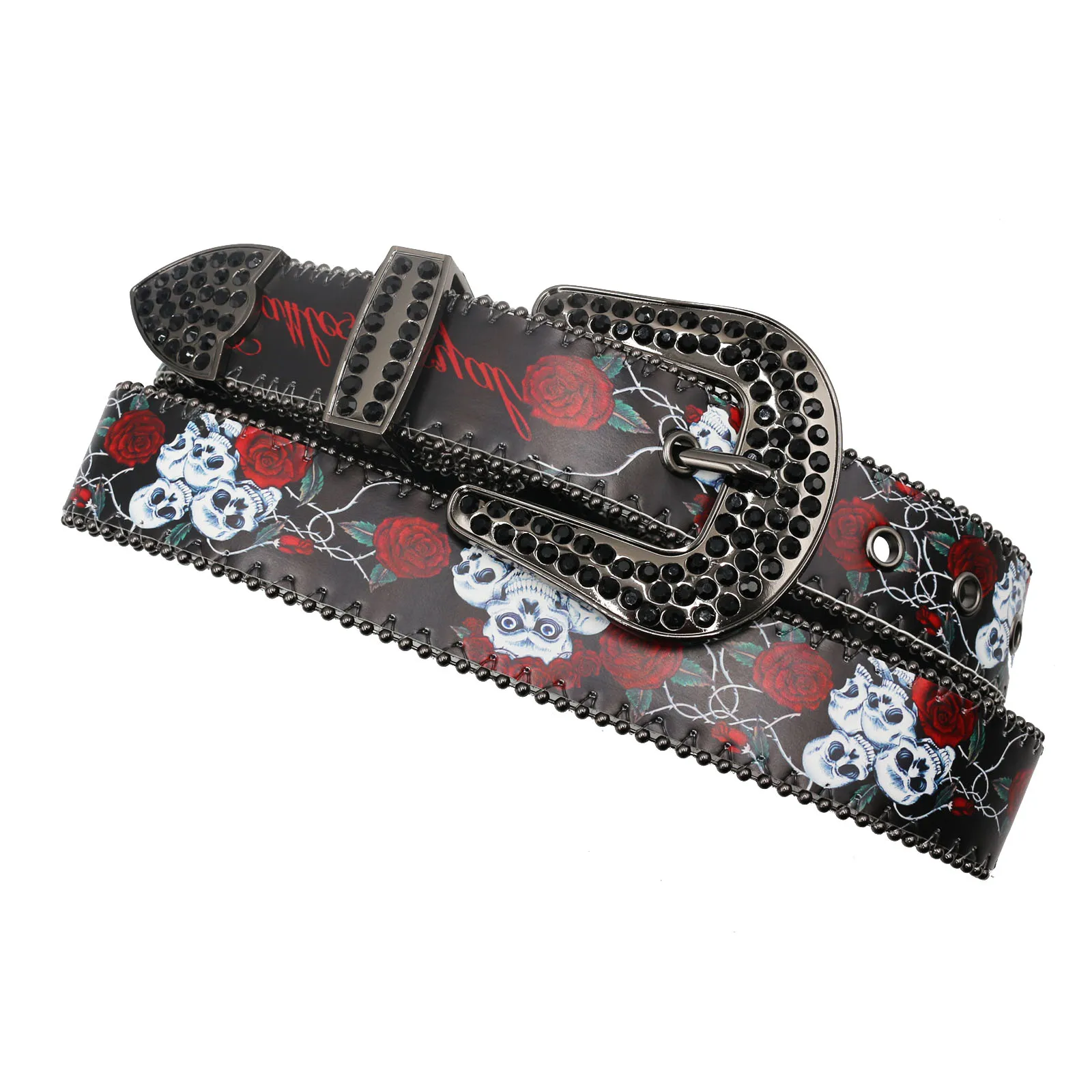 Nice Brand Three Skull Flower printing Rhinestone Belt For Men Women, Western Hip-hop Punk Style Belt For Jeans