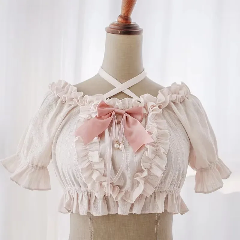 Women Gothic Lolita Black Blouse Bow Ruffles Puff Sleeve Cotton Vintage Y2K Kawaii Crop Top