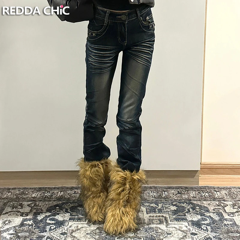 

REDDACHiC Distressed Whiskers Black Jeans Casual Skinny Straight High Waist Stretch Denim Pants Trousers Korea Women Streetwear