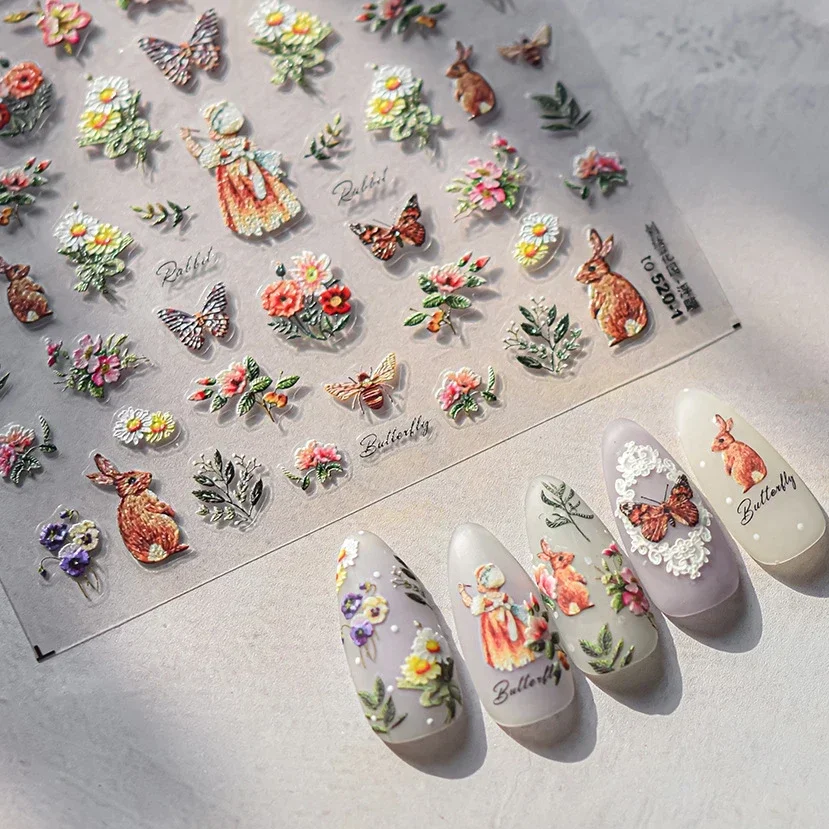 Retro Embroidered Butterfly Rabbit Bunny Autumn Fall Maple Ginkgo Leaf Osmanthus Plant Flower Nail Art Stickers Decoration Decal