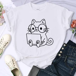 Careful Study Of Work Cat Sketches Women T-Shirt Personality Trend Casual Tee Clothing Street Creative Tops Female Short Sleeve