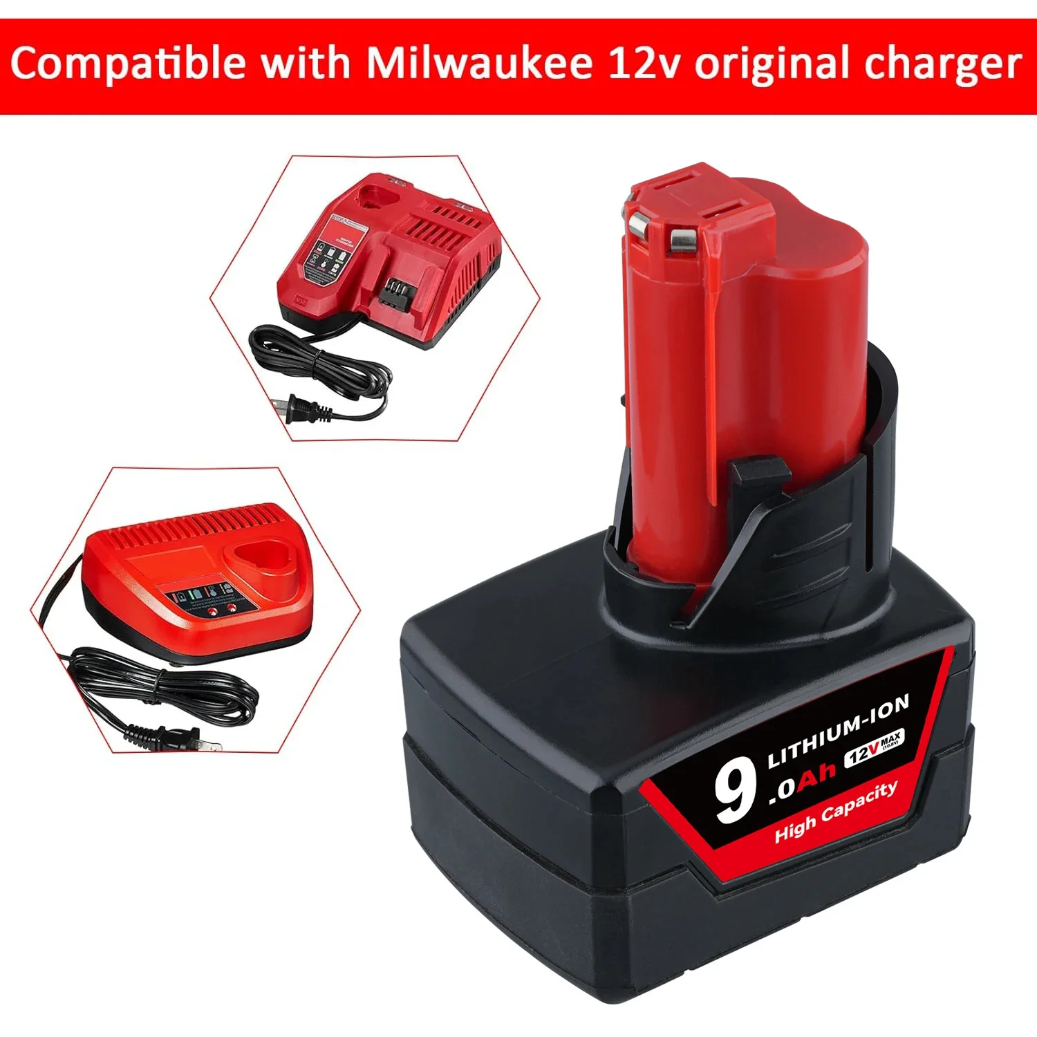 [1/2/4 balení] 9,0 Ah M12 Náhrada pro Milwaukee 12VOLT 48-11-2412 48-11-2402 48-11-2411 Akumulátorové elektrické nářadí Li-ion baterie Pin - náhled 5