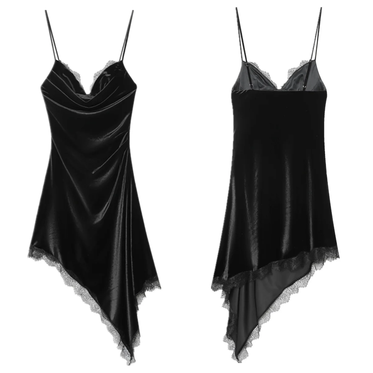 

Jenny&Dave French Sexy Lace Velvet Dress Asymmetrical Fashion Pajama Style Suspender Dress Elegant Party Dresses Vestidos Womens