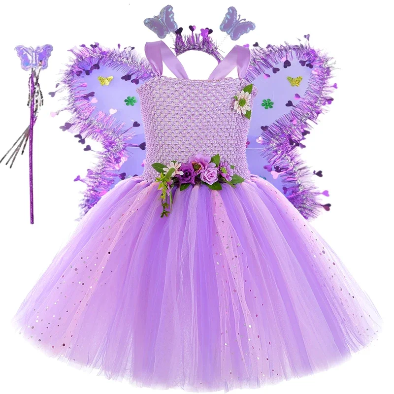 Hn8 cintilante lavanda flor trajes de fadas para meninas verde tinker bel vestidos de princesa com asas crianças aniversário ballet tut) 4dc