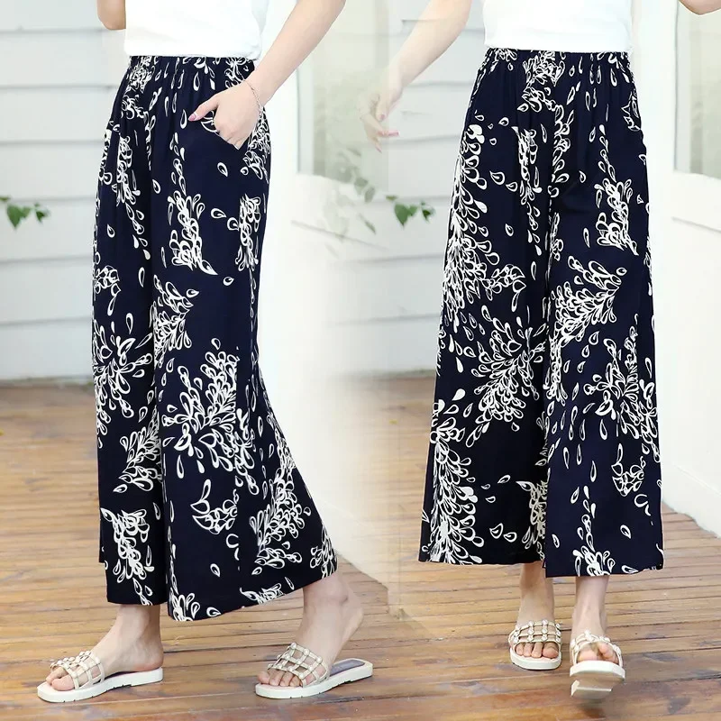 Women Wide Leg Pants Summer Bottoms with Print Loose High Waist Pants Women 2023 New Vintage Women Trousers Summer