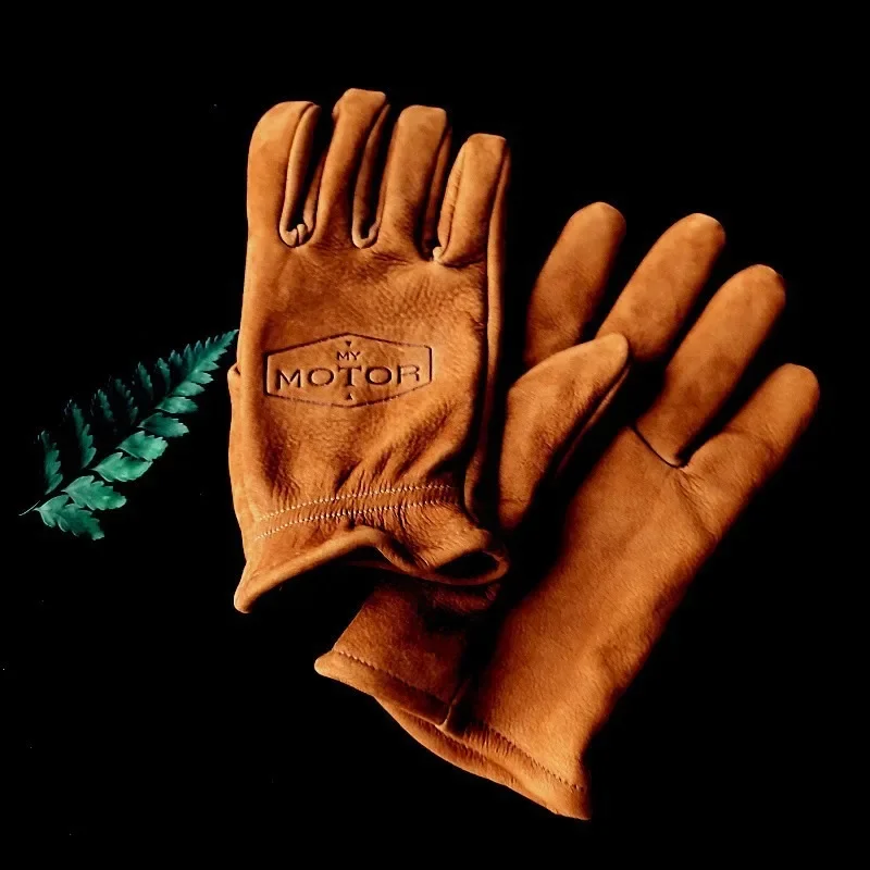 Vintage Motorcycle Gloves Frosted Surface Cowhide Men\'s and Women\'s Motorcycle Wear Resistant Warm Camping Riding Leather Gloves