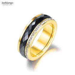 JeeMango 316L Stainless Steel Black Ceramics Rings Jewelry Gold Color Cubic Zirconia Wedding Engagement Ring For Women JR18013