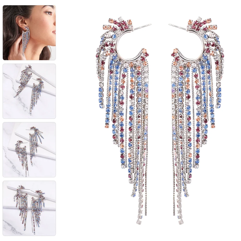 

Colorful Tassel Earrings Rhinestone Chain Dangle Fancy for Women Crystal Trendy