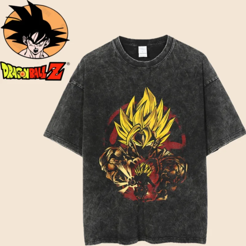 

Новинка 2025, мытая футболка BANDAI в стиле аниме Dragon Ball, летняя футболка с японским узором, мужская свободная футболка в стиле Харадзюку, хлопковая черная