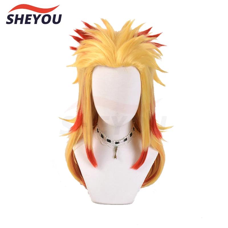 Peluca de Anime Rengoku Kyoujurou Rubio degradado, disfraz de Cosplay, peluca de cabello Pontail resistente al calor, gorro de peluca, hombres y