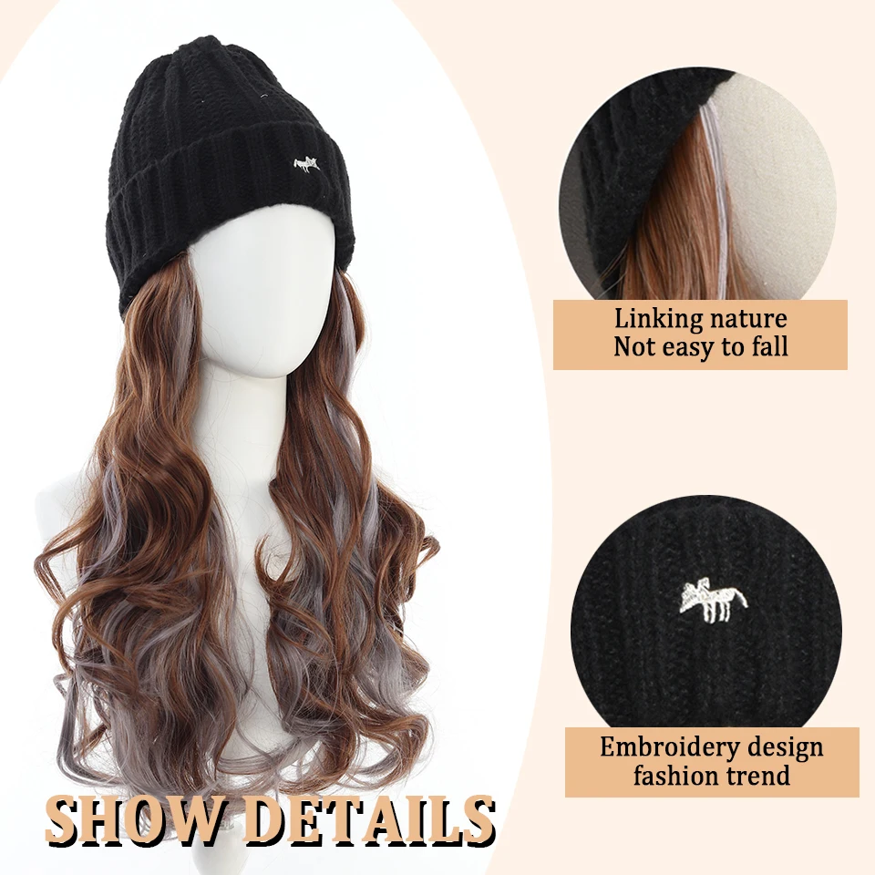 Synthetic Hat Wig Beanies Hat With Hair Wigs Long Wavy Hair Warm Soft Ski Knitted Autumn Winter Cap For Women Christmas New Year