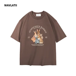 WAVLATII Women Thick Summer T shirts Female Cartoon Printing Streetwear Tee Lady 260 GSM Brown Casual Cool Tops for Young WT2561