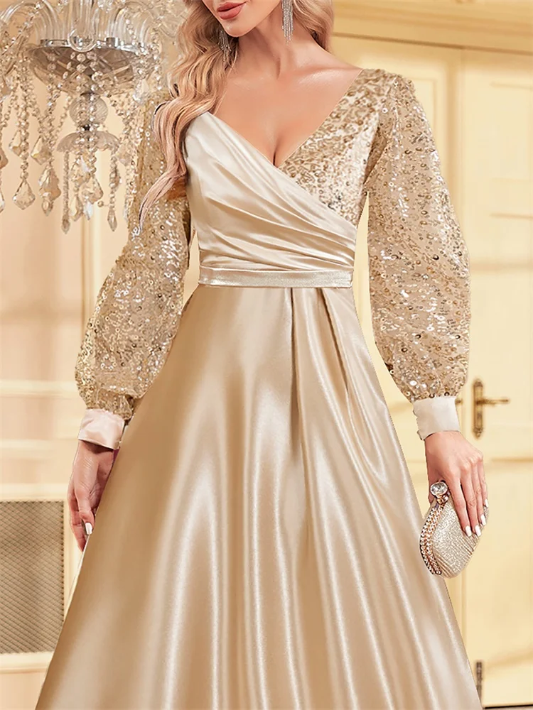 Lucyinlove PLUS ขนาด Luxury Gold V คอ Sequins FormaL ชุดราตรีผู้หญิง Elegant PARTY Maxi แขนยาวค็อกเทล Gowns