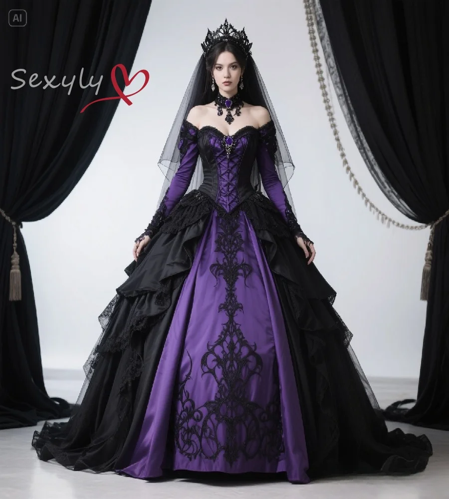 

Dark Romantic Black And Purple Gothic Wedding Dress Ball Gown Long Sleeve Lace Medieval Renaissance Bridal Dress 70s Customized