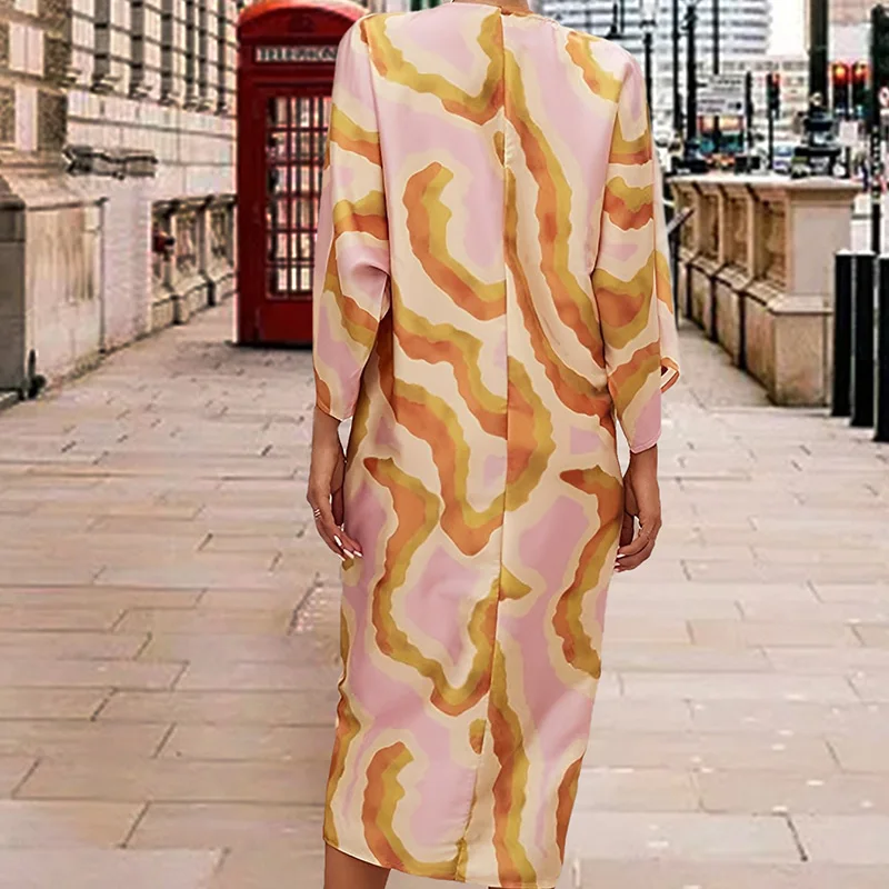 Feminino casual manga morcego bohe vestido de festa moda padrão impressão férias vestidos soltos elegante com decote em v cordão tie-up vestido longo