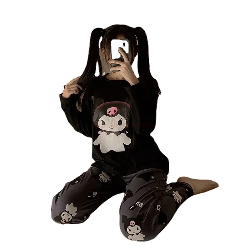 Sanrio Kuromi Round Neck Household Clothes Autumn Winter Pajamas Women Long Sleeved Trousers Loose Two-piece Household Clothes