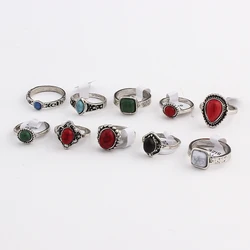 10pcs Mixed Bohemia Style Natural Blue Red Stone Rings Tibetan Silver Tone Size 16 17 18 Finger Rings Jewelry For Woman Men