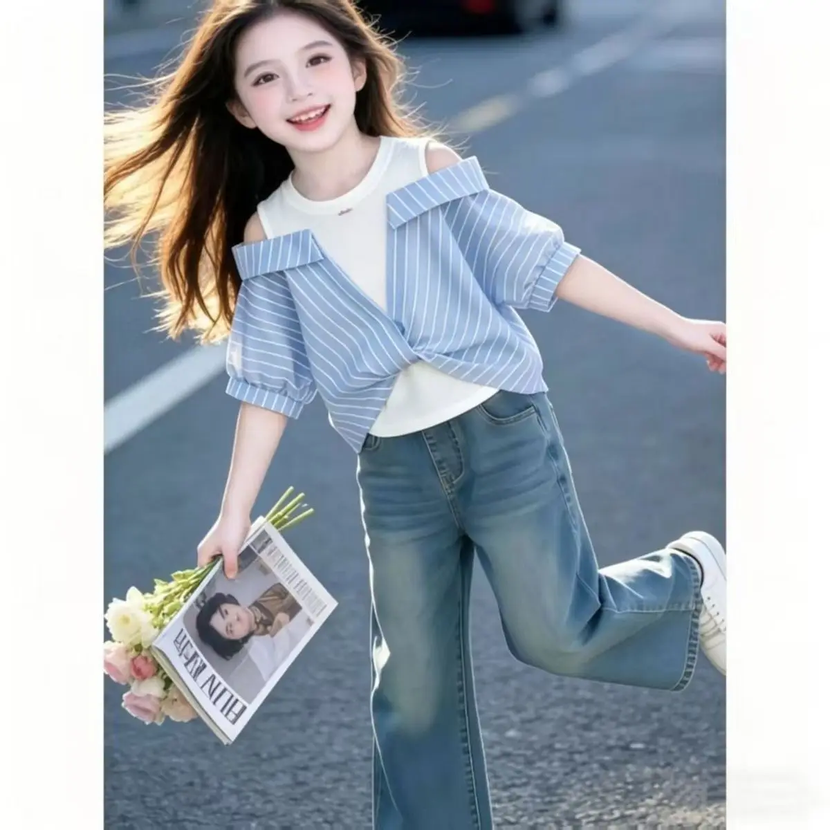 Girls Striped T-Shirt Summer 2026 New Off Shoulder Two-Piece Top Kids Fashion Casual Loose Blouse