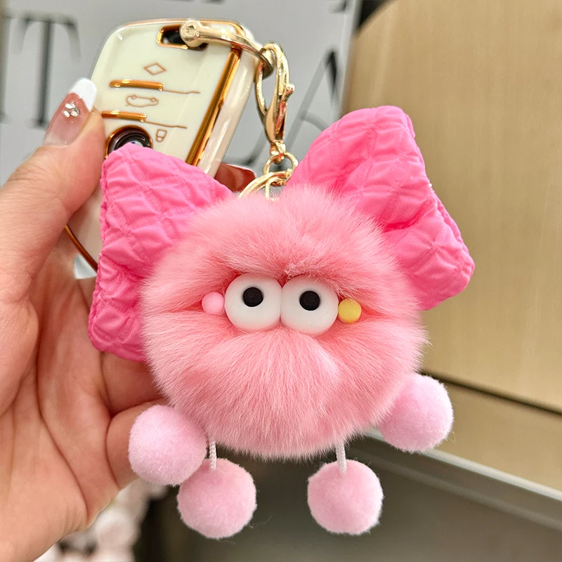 Cartoon Cute Bow Briquette Elf Doll Pendant Keychain Cute Cross-eyed Bow Fur Ball Elf Doll Key Ring Toy