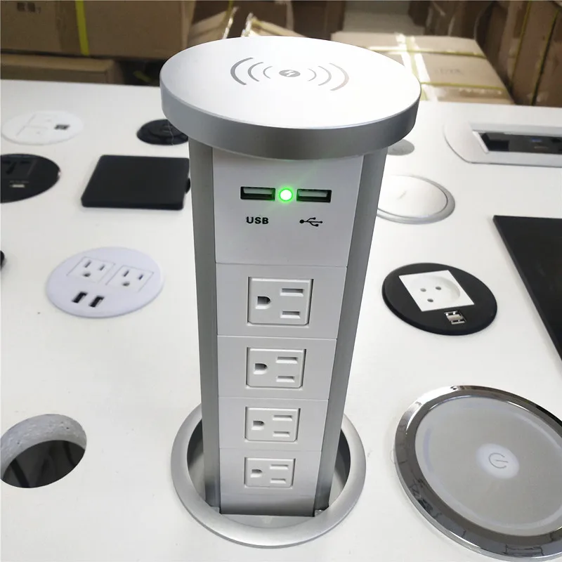 power Automatic Raising Hydraulic kitchen worktop Pop up Retractable Recessed strip socket outlet with top wireless charger