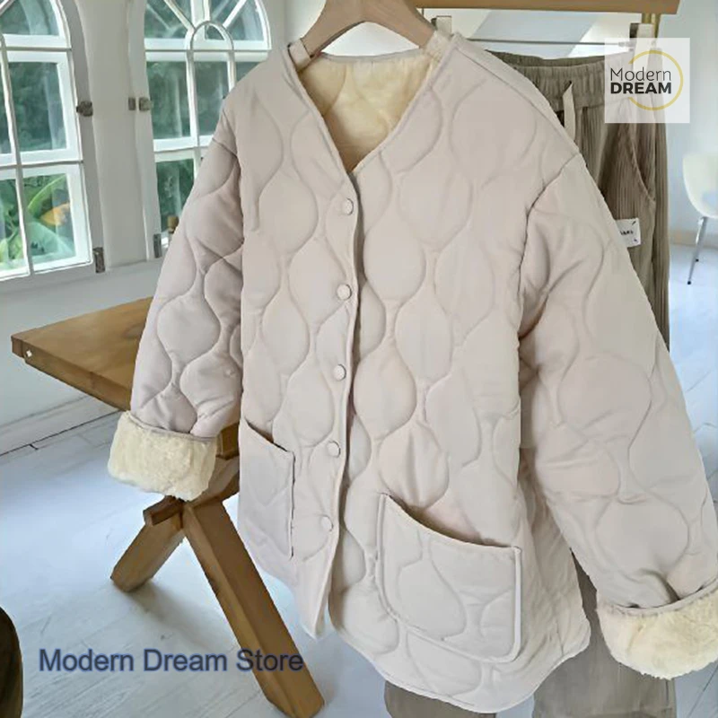 Kurtka damska w kratę w stylu koreańskim, luźna, ocieplana bawełną, nowa kolekcja jesień-zima, casualowa, uniwersalna, modna, pogrubiona kurtka ocieplana bawełną.