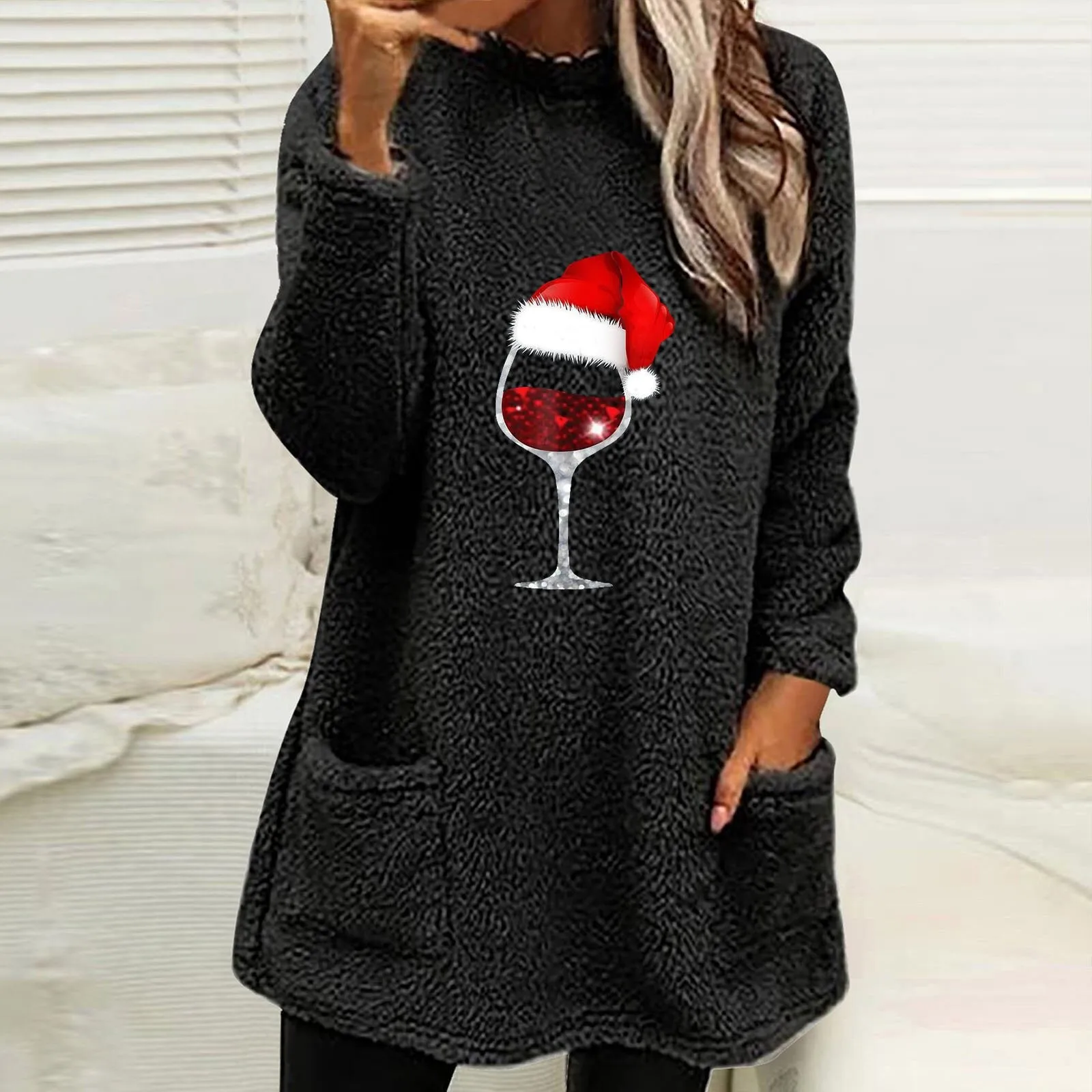 Women Casual Double Fuzzy Wine Glass Printed Sweatshirt Faux Fleece Zip Pullover Sweaters Sweatshirts Coat Outwear