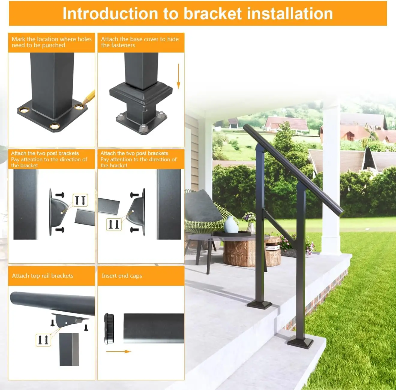 5-7 Step Handrail for Outdoor,Powder Coated Iron Stair Railing,Black Hand Rails for Indoor, Porch,Deck,2 Pack