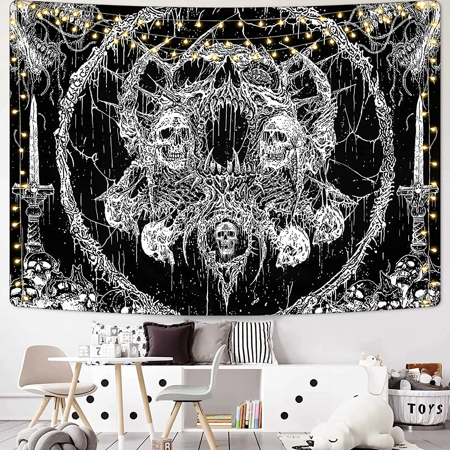 Gothic Skull Tapestry Black and White Skeleton Tapestry Wall Hanging for Bedroom Hippie Eyes Boho Home Decor Trippy Moon Cloth