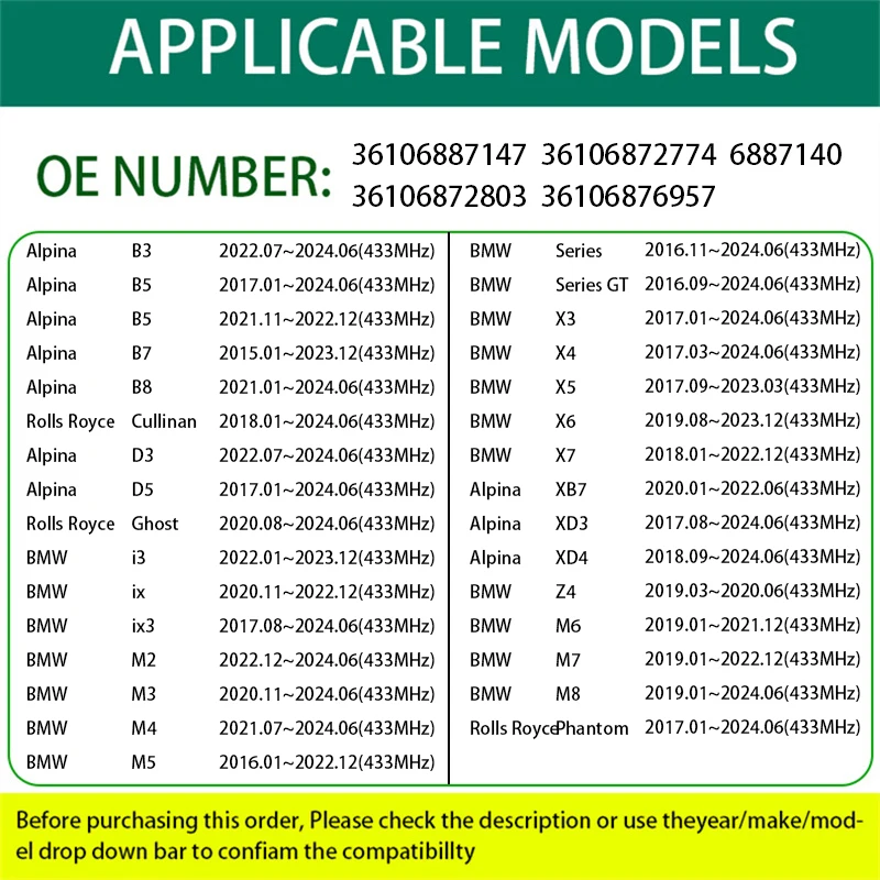 433MHz TPMS Tire Pressure Sensor for Alpina Rolls Royce BMW i3 M2 M3 M4 X3 X4 X5 X6 36106887147 36106872774 36106872803 6887140