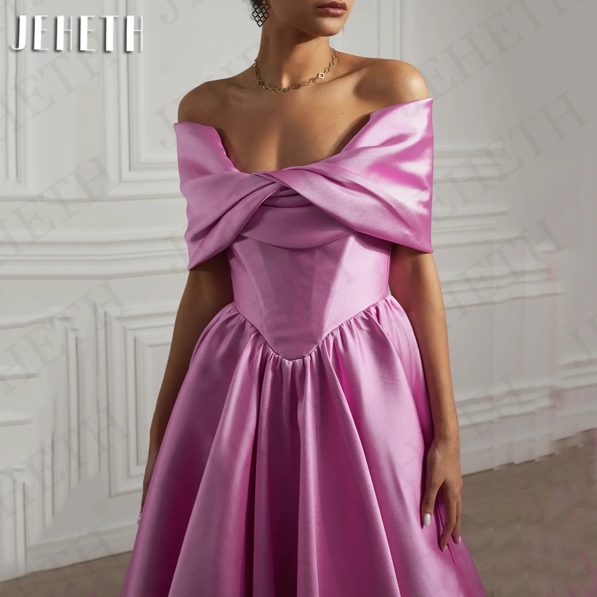 JEHETH Elegant Pink Off The Shoulder Evening Dress Satin Strapless A Line Special Occasion Dresses Sweep Train Woman فساتين سهرة